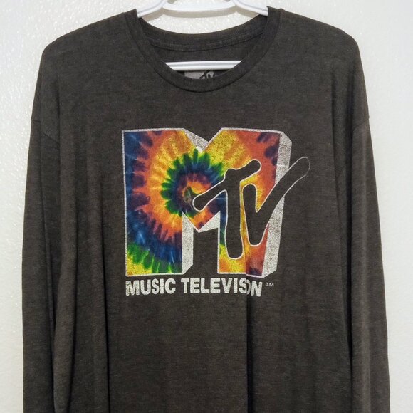 MTV Tie Dye Logo Long Sleeve Graphic Tee Dark Gray Shirt Size XL - Picture 1 of 4